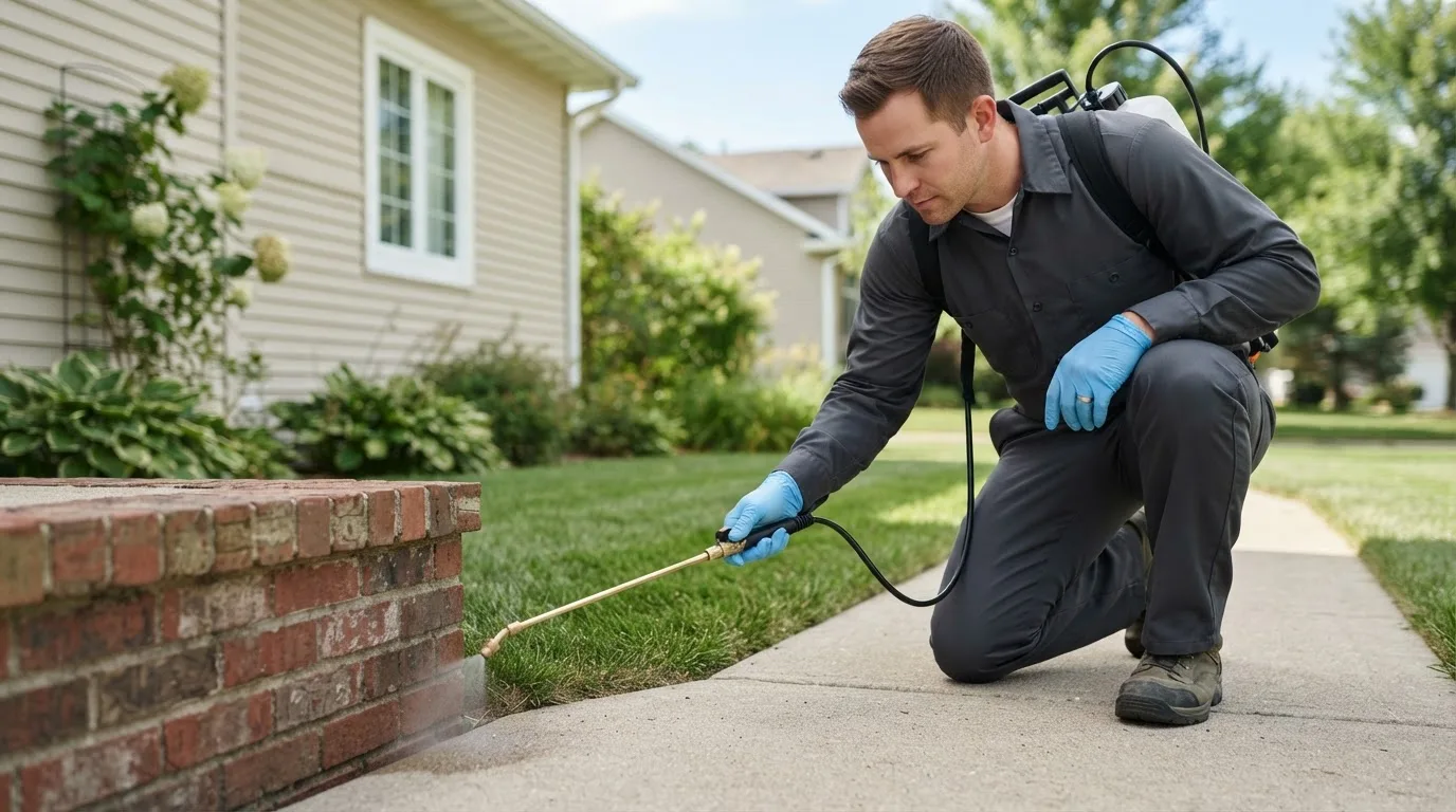 Pest control technician treating a home near Pleasantville, PA